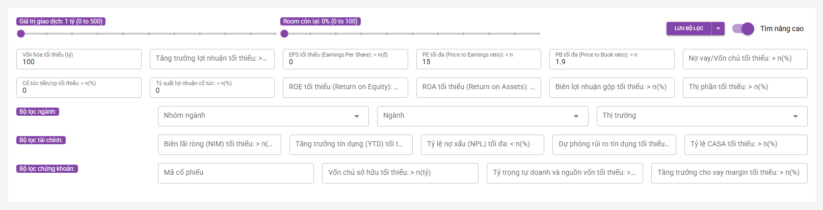 Bộ lọc cổ phiếu tiềm năng